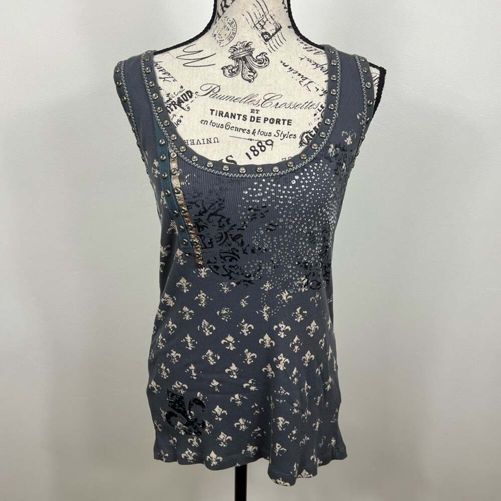 Essential gray and gold bedazzle Fleur-de-lid ribbed tank top